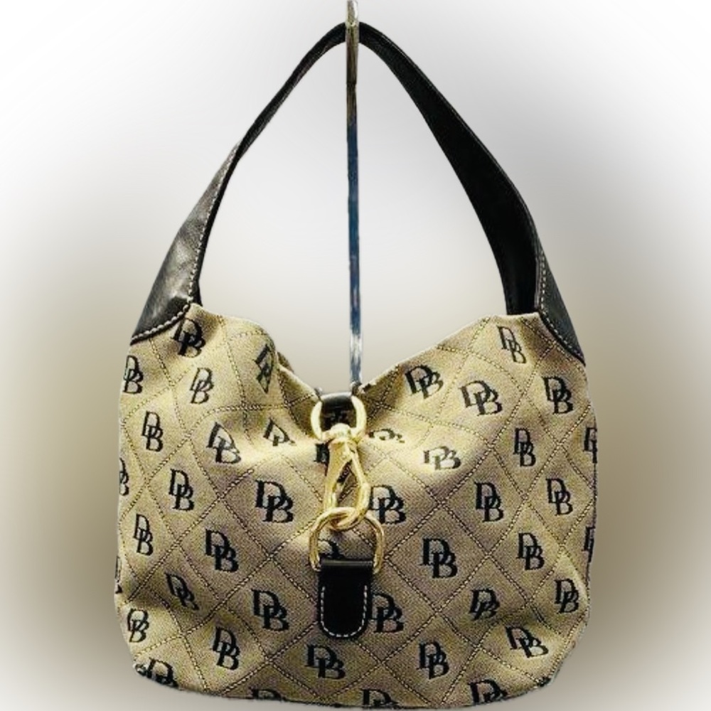 Dooney & Bourke Vintage Beige and Black Logo Hobo with Gold Hardware